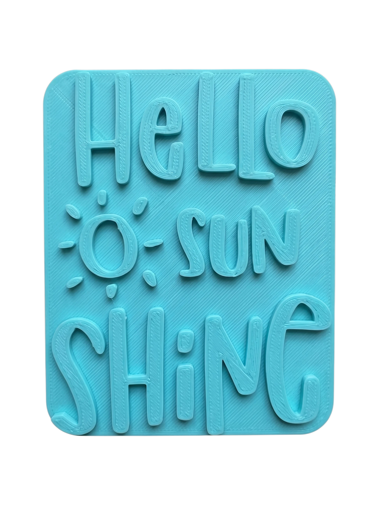Blaugrüner Keramikstempel mit dem Schriftzug 'Hello sunshine' und einer kleinen Sonne. Hochwertiges Prägewerkzeug für Ton und Keramik.