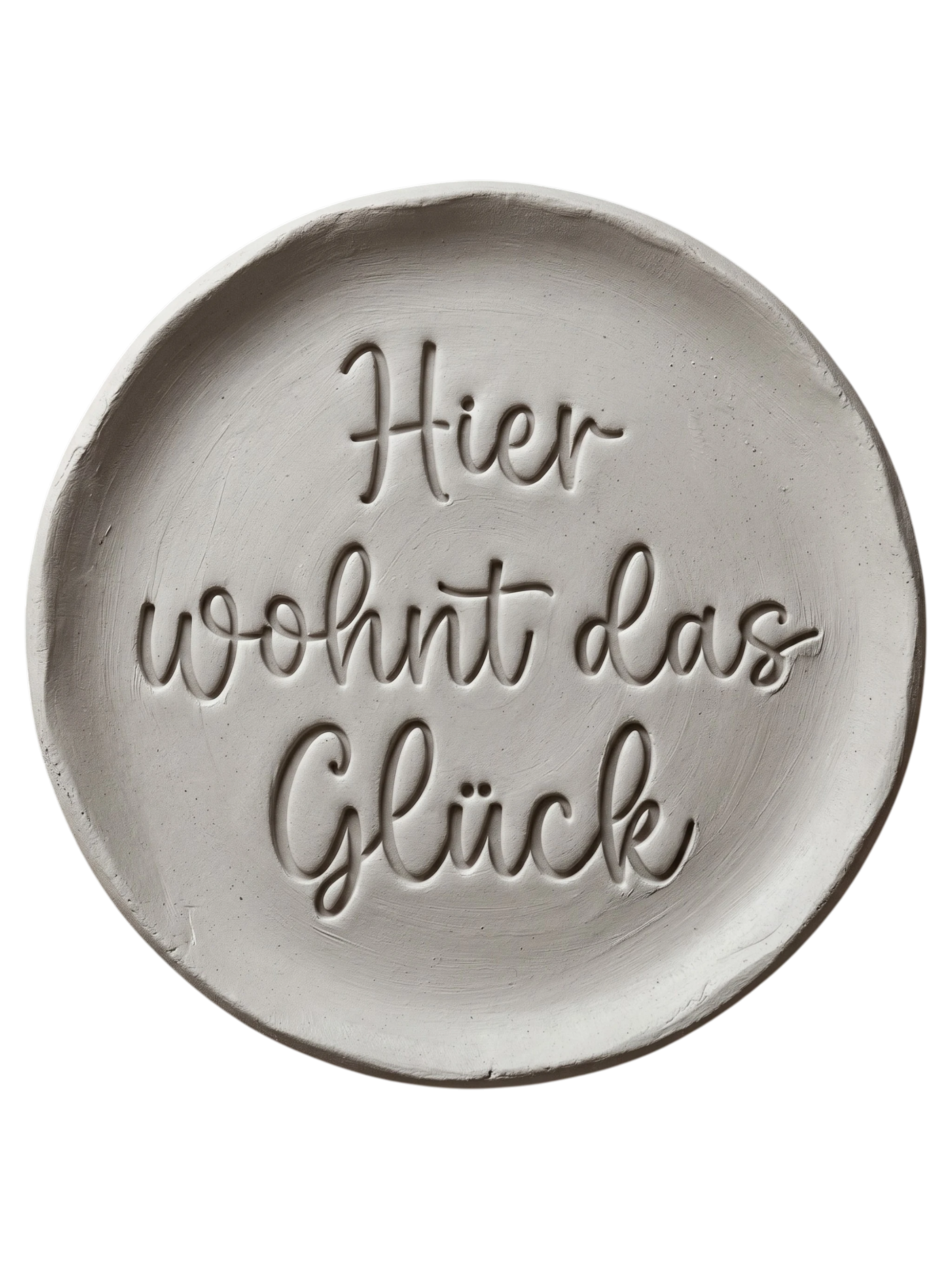 Türkisfarbener Keramikstempel für Ton mit der Aufschrift 'Hier wohnt das Glück' in eleganter Schreibschrift. Hochwertiges Töpferwerkzeug von MinseArt für saubere Textprägungen.
