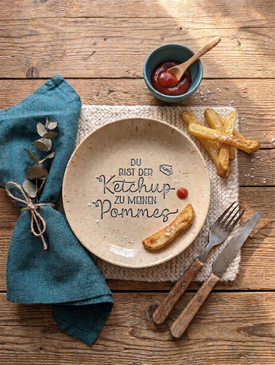 Ein glasierter Keramikteller mit dem handgemachten Stempelabdruck 'Du bist der Ketchup zu meinen Pommes'. Detailreicher Schriftzug und eine kleine Pommesschachtel als Verzierung für kreative Töpferprojekte