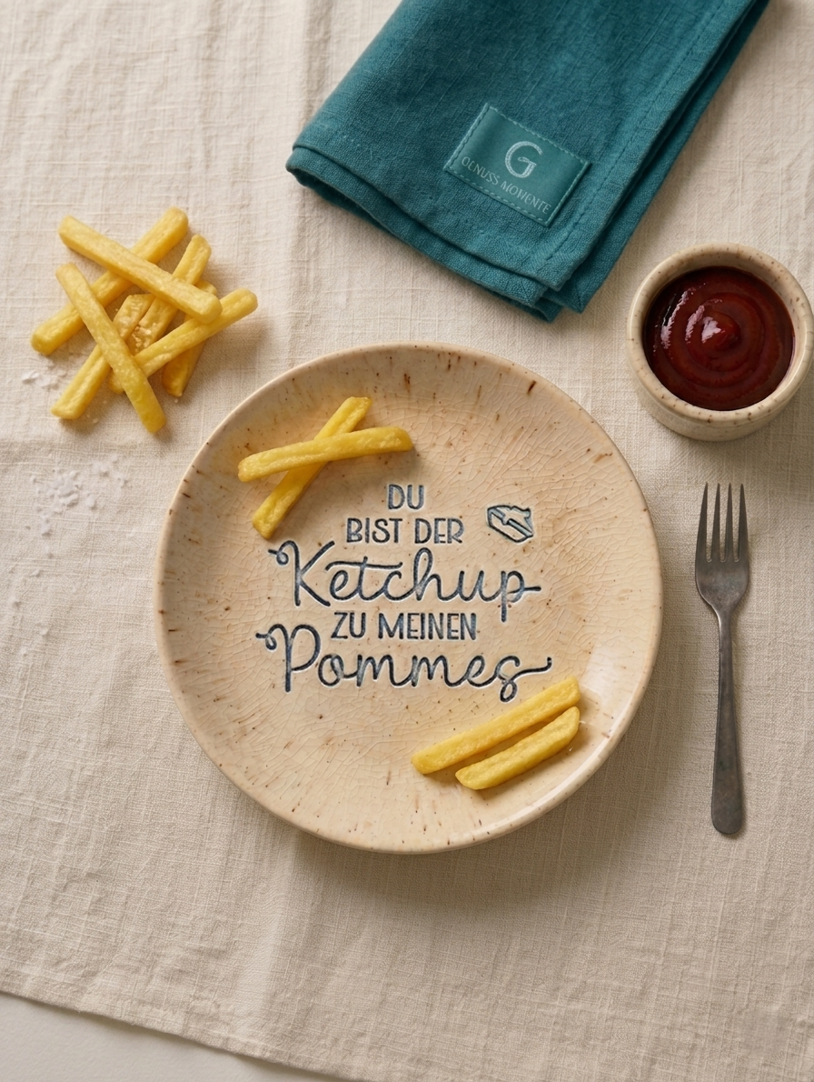 Ein glasierter Keramikteller mit dem handgemachten Stempelabdruck 'Du bist der Ketchup zu meinen Pommes'. Detailreicher Schriftzug und eine kleine Pommesschachtel als Verzierung für kreative Töpferprojekte.