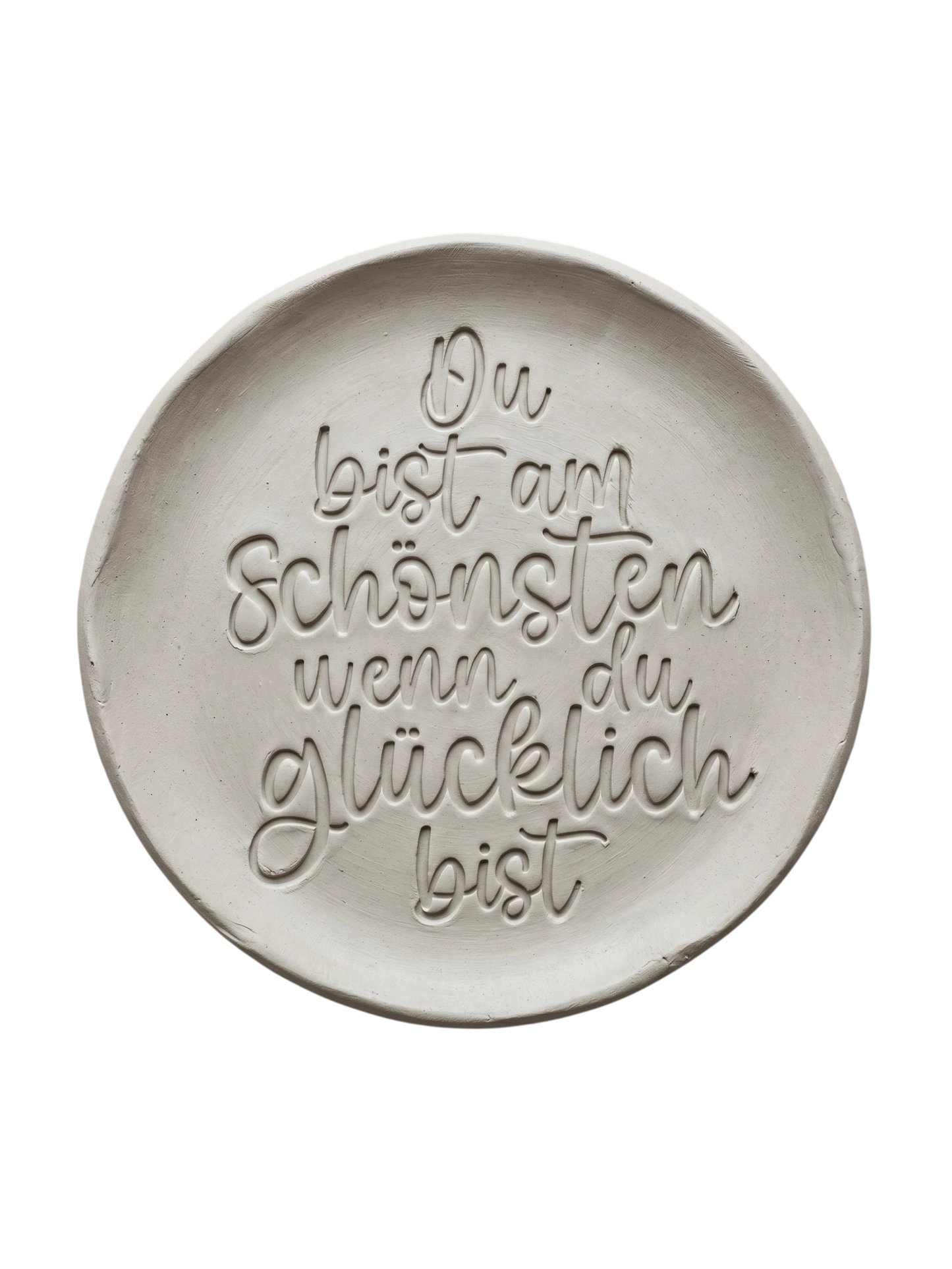 Präziser Stempelabdruck eines herzlichen Kompliments in hellem Ton. Die durchgehend schwungvolle Handschrift erzeugt ein sauberes, tiefes Relief auf der runden Tonplatte.