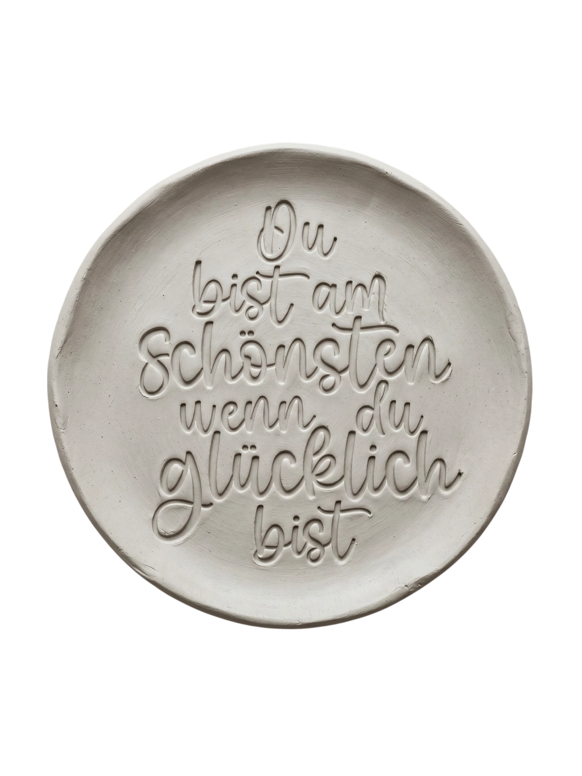 Präziser Stempelabdruck eines herzlichen Kompliments in hellem Ton. Die durchgehend schwungvolle Handschrift erzeugt ein sauberes, tiefes Relief auf der runden Tonplatte.