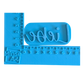 Blauer Keramikstempel mit dem Schriftzug Liebe im blauen Winkel-Messinstrument (in cm) zur Darstellung der Größenoptionen von 7 cm und 10 cm.