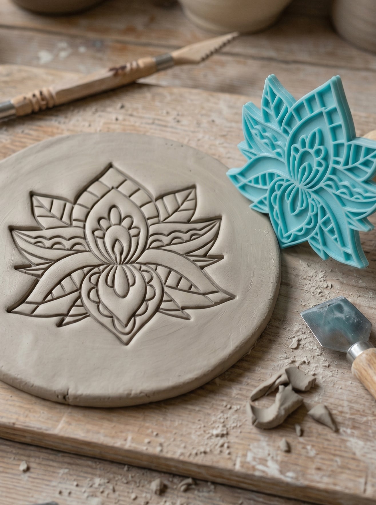Detailreicher Stempelabdruck einer Lotusblüte in feuchtem Ton auf einer Holzunterlage mit Töpferwerkzeugen. Daneben liegt der passende türkisblaue MinseArt Keramikstempel mit präzisen Konturen.
