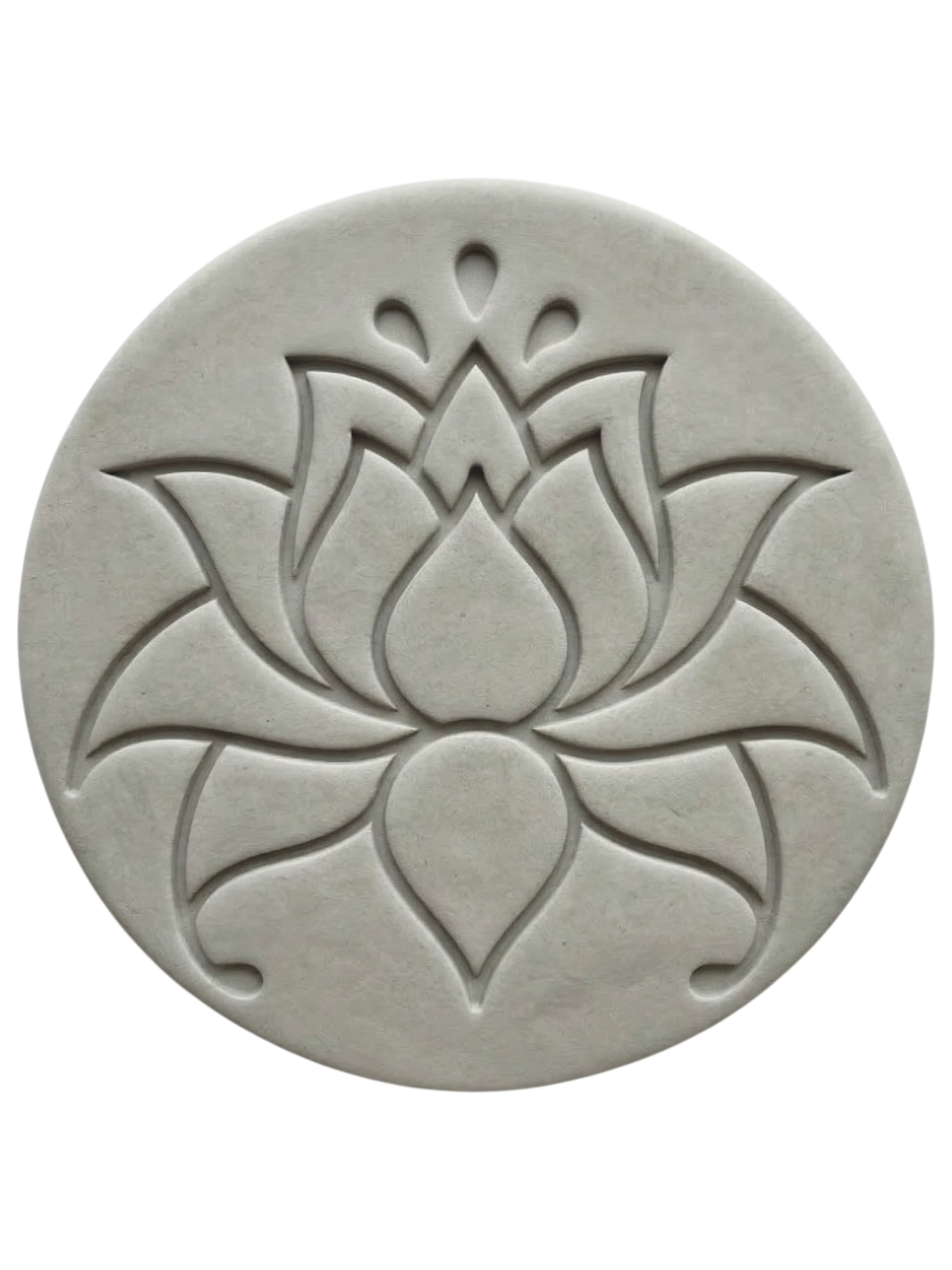 Ein präziser Stempelabdruck einer modernen Lotusblüte in einer runden, hellgrauen Tonplatte. Das minimalistische Design mit klaren Linien und zwei Punkten über der Blüte zeigt die tiefe Relief-Wirkung der MinseArt Keramikstempel.