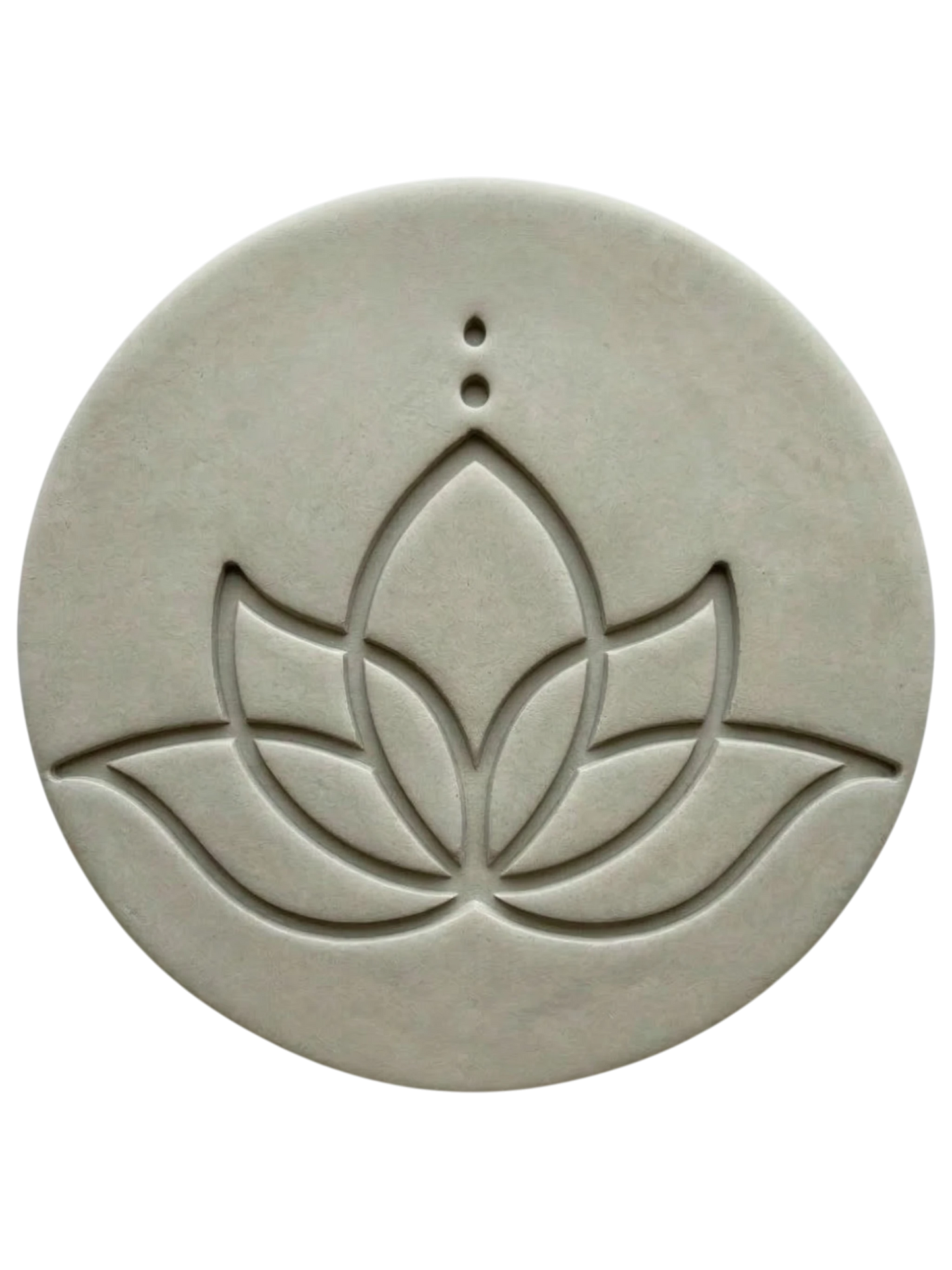 Ein präziser Stempelabdruck einer modernen Lotusblüte in einer runden, hellgrauen Tonplatte. Das minimalistische Design mit klaren Linien und zwei Punkten über der Blüte zeigt die tiefe Relief-Wirkung der MinseArt Keramikstempel.