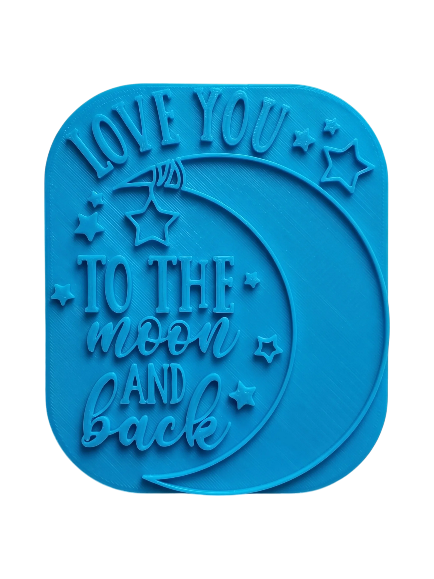 Blaugrüner Textstempel für Ton von MinseArt mit dem englischen Spruch 'Love you to the moon and back'. Hochwertiges Töpferwerkzeug für tiefe und saubere Prägungen in Keramik. Stabiler Stempel für DIY-Geschenke zur Geburt, Taufe oder für den Valentinstag.