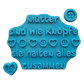 Blaugrüner Textstempel für Ton von MinseArt mit dem Spruch 'Mütter sind wie Knöpfe'. Hochwertiges Töpferwerkzeug inklusive passender Motivstempel (Herz & Knopf) für tiefe Prägungen in Keramik. Ideal für handgemachte Muttertagsgeschenke.
