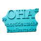 Türkisfarbener Keramikstempel für Ton mit dem humorvollen Schriftzug 'OHA - norddeutsche Panikattacke'. Hochwertiges Töpferwerkzeug für witzige Keramikprojekte.