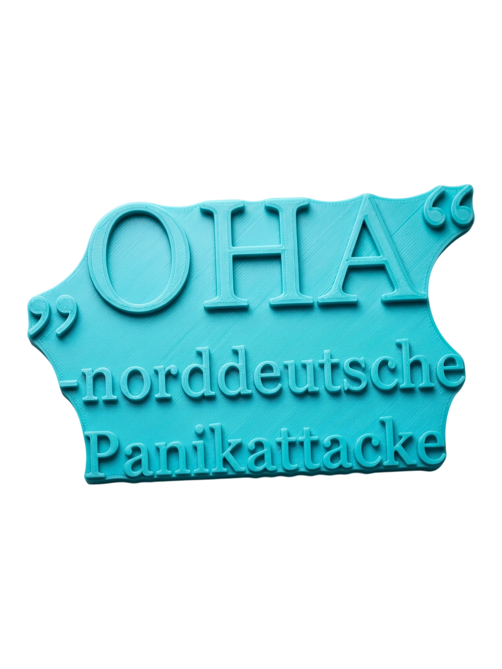 Türkisfarbener Keramikstempel für Ton mit dem humorvollen Schriftzug 'OHA - norddeutsche Panikattacke'. Hochwertiges Töpferwerkzeug für witzige Keramikprojekte.