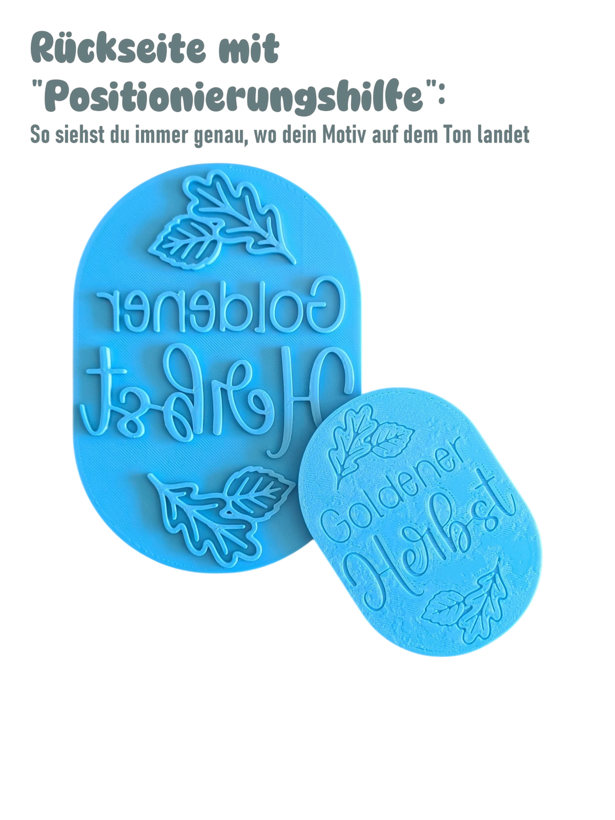 Rückseite des blauen Motivstempels von MinseArt mit praktischer Positionierungshilfe für exaktes Platzieren.
