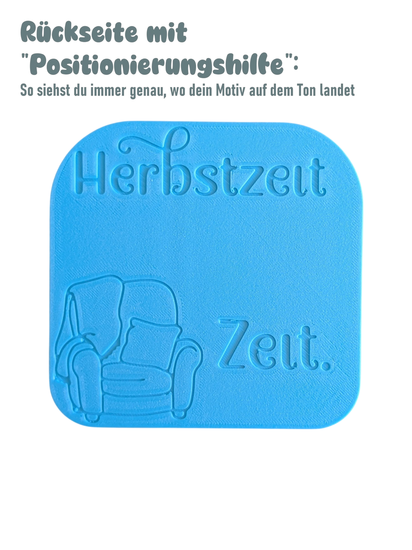 Rückseite des blauen Motivstempels von MinseArt mit praktischer Positionierungshilfe in Sesselform für exaktes Platzieren.