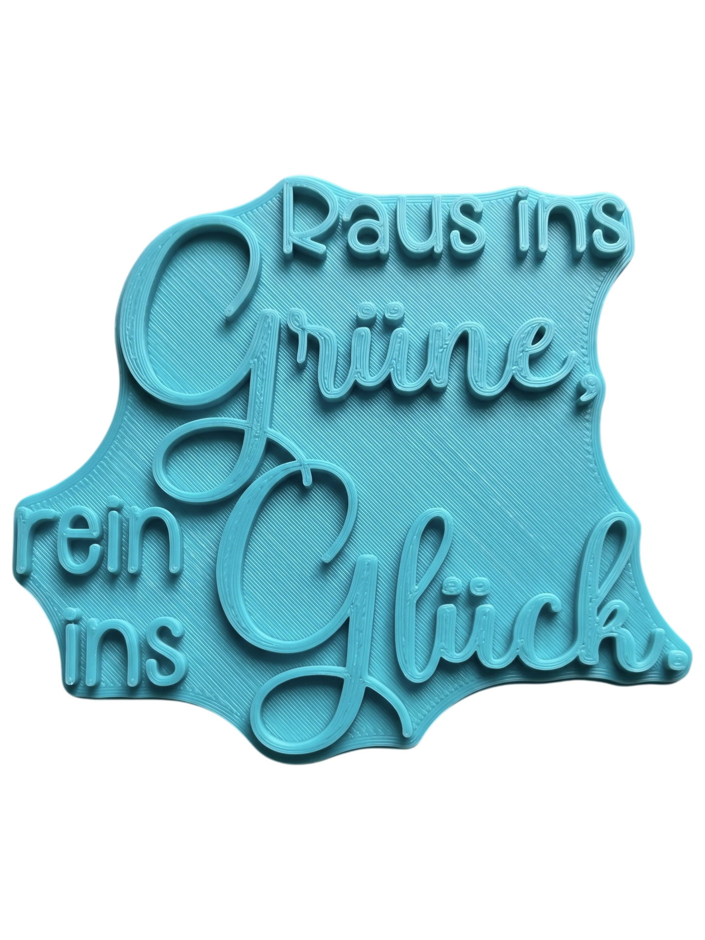 Präziser Keramikstempel des Spruchs 'Raus ins Grüne, rein ins Glück' . Filigranes Relief für Gartenkeramik, gestaltet von MinseArt.