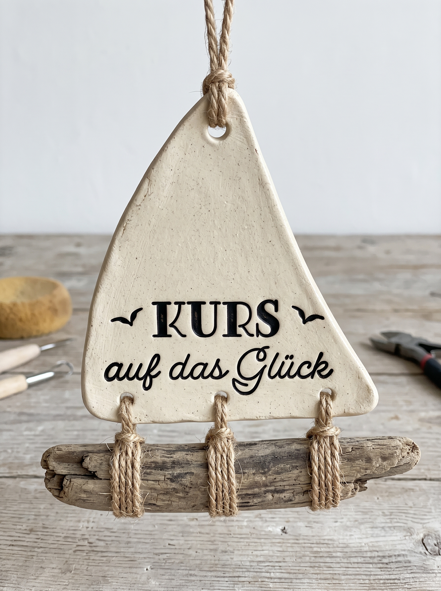 Maritimes Dekoboot aus Keramik mit der gestempelten Botschaft 'KURS auf das Glück', verziert mit zwei kleinen Möwen. Das helle Ton-Segel ist mit Naturkordel an einem Treibholz-Ast fixiert. Im Hintergrund liegen Töpferwerkzeuge bereit.