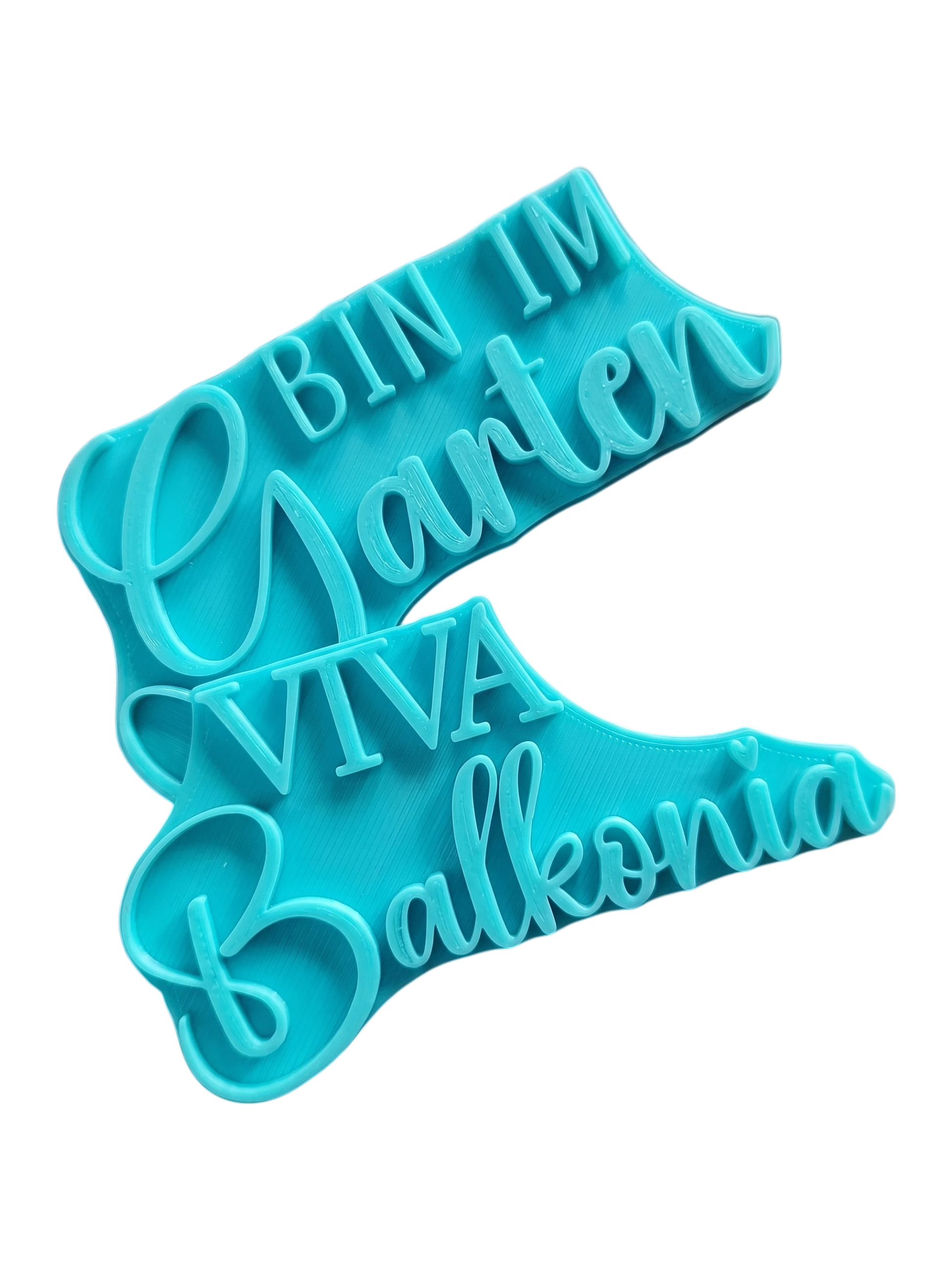 Türkisfarbene Stempel für Ton mit den Schriftzügen Viva Balkonia und Bin im Garten. Handgemacht und detailreich für sommerliche Töpfer-Ideen.