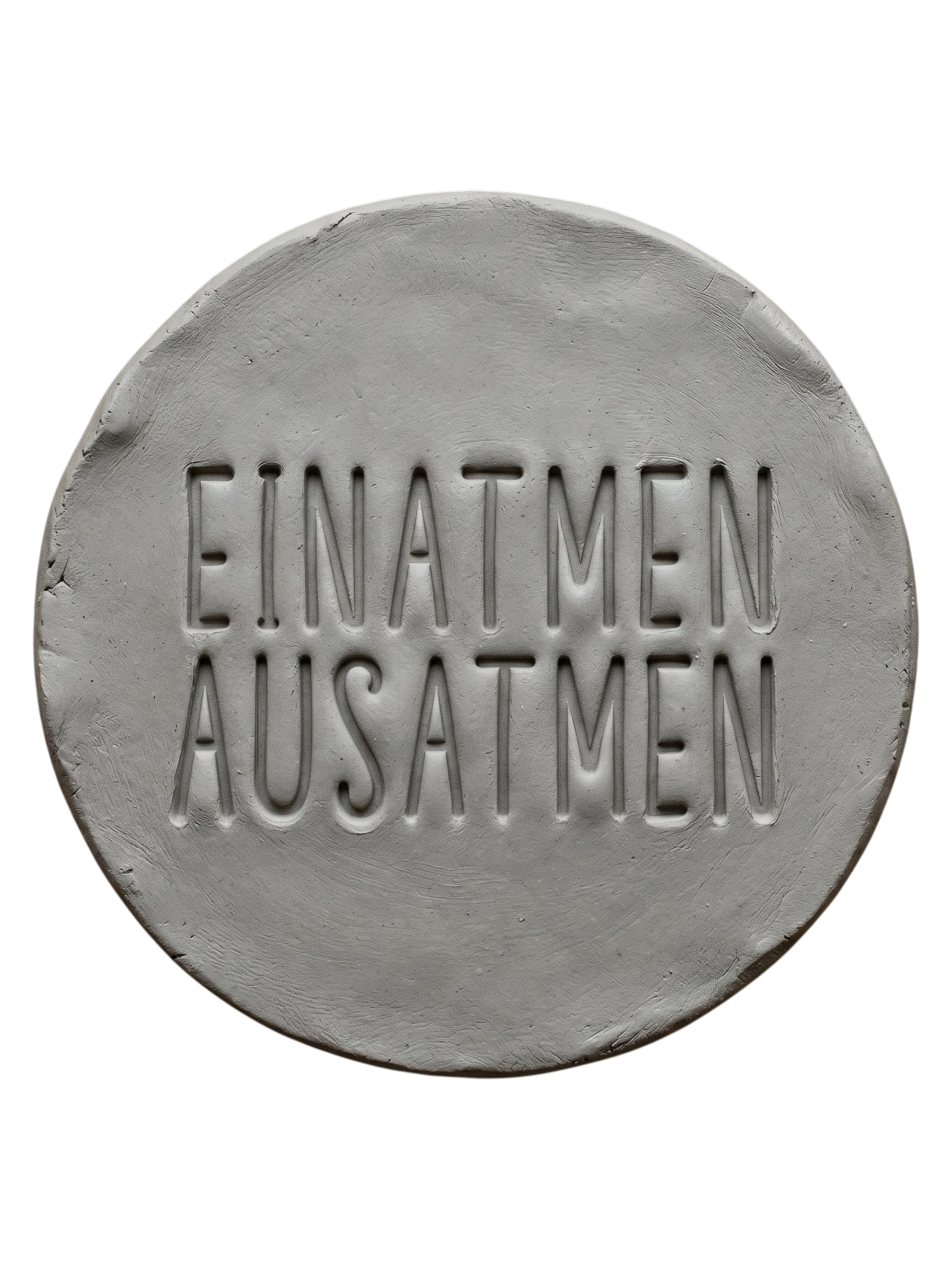Sauberer Stempelabdruck 'Einatmen Ausatmen' in hellem Ton. Das tiefe Relief der klaren Typografie sorgt für ein minimalistisches Design auf der runden Tonplatte.