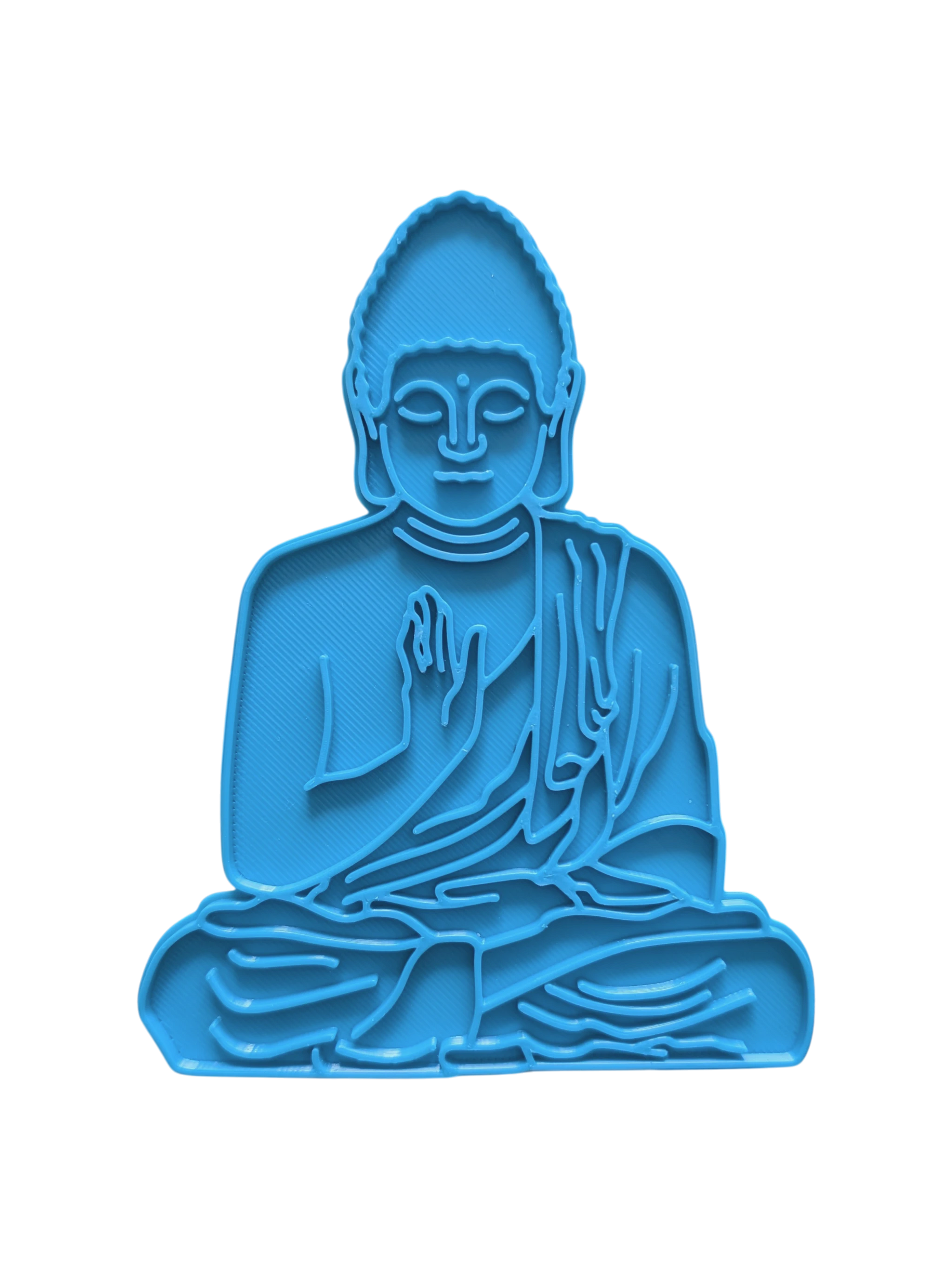 Türkisfarbener Keramikstempel im Design eines meditierenden Buddha. Professionelles Töpferwerkzeug für spirituelle Keramikprojekte.