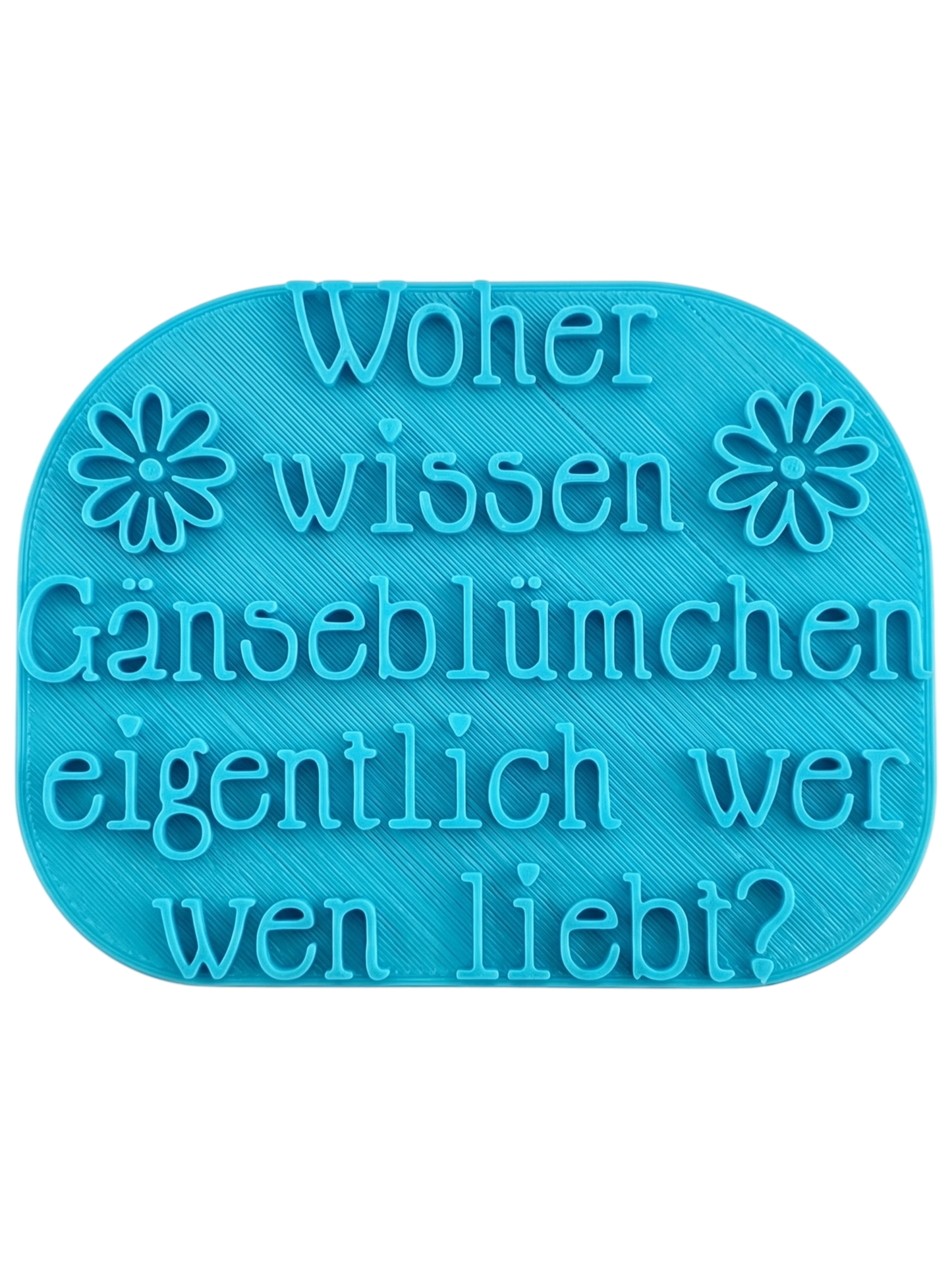 Türkisfarbener Keramikstempel für Ton mit dem Schriftzug 'Woher wissen Gänseblümchen eigentlich, wer wen liebt?'. Professionelles Töpferwerkzeug für saubere Textprägungen.
