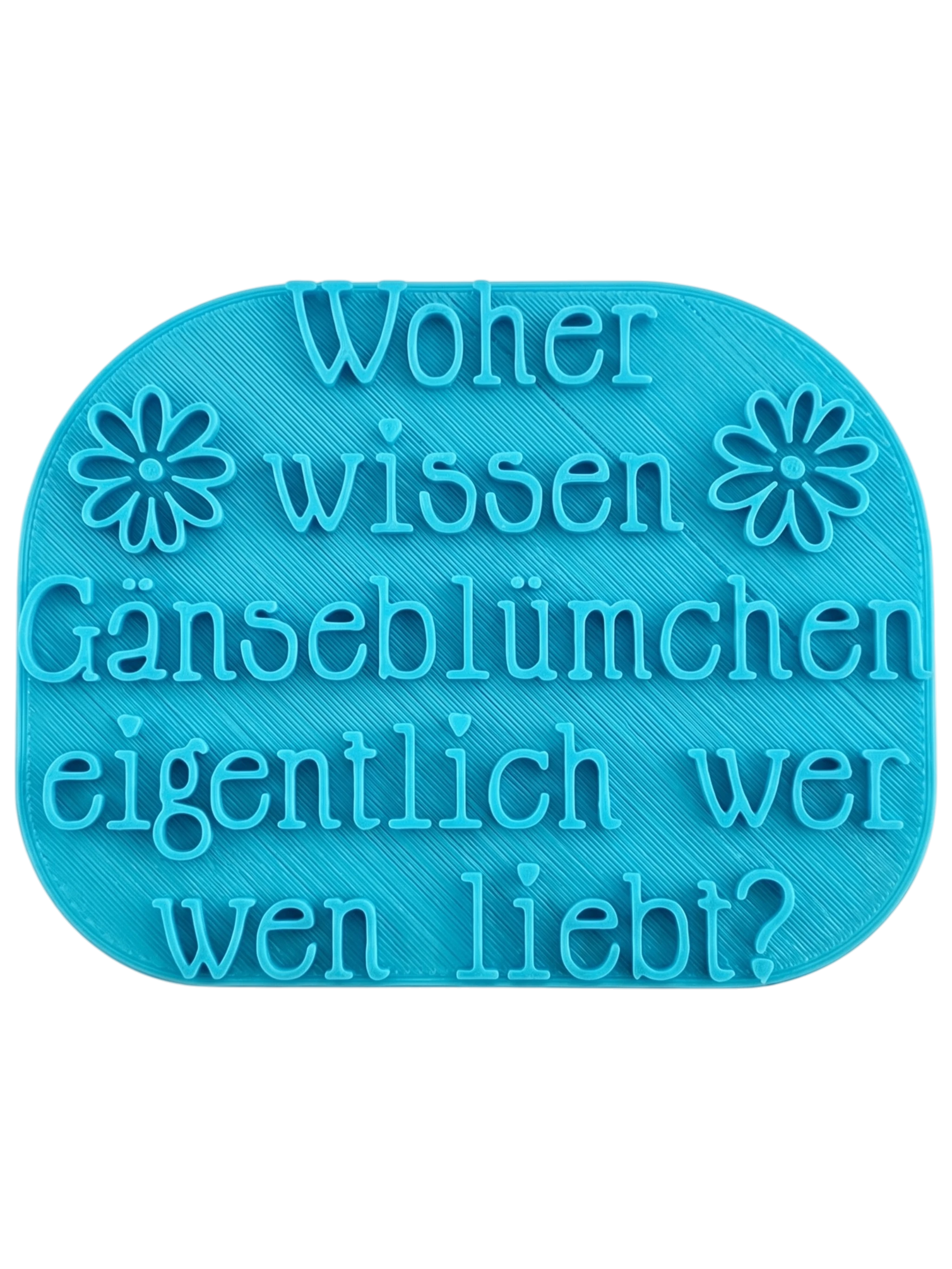 Türkisfarbener Keramikstempel für Ton mit dem Schriftzug 'Woher wissen Gänseblümchen eigentlich, wer wen liebt?'. Professionelles Töpferwerkzeug für saubere Textprägungen.