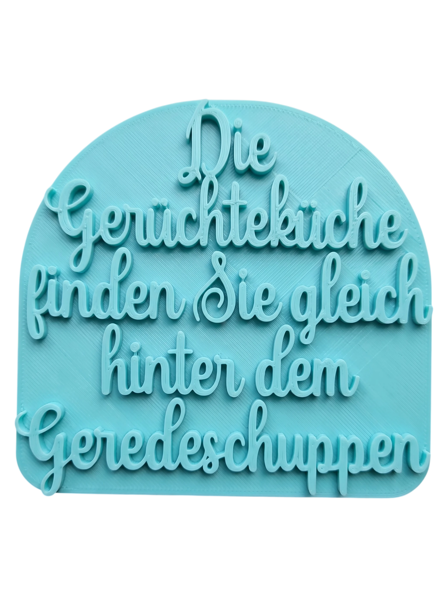 Türkisfarbener Textstempel für Ton mit dem witzigen Spruch über die Gerüchteküche. Hochwertiges Töpferzubehör für klare Prägungen in Keramik.