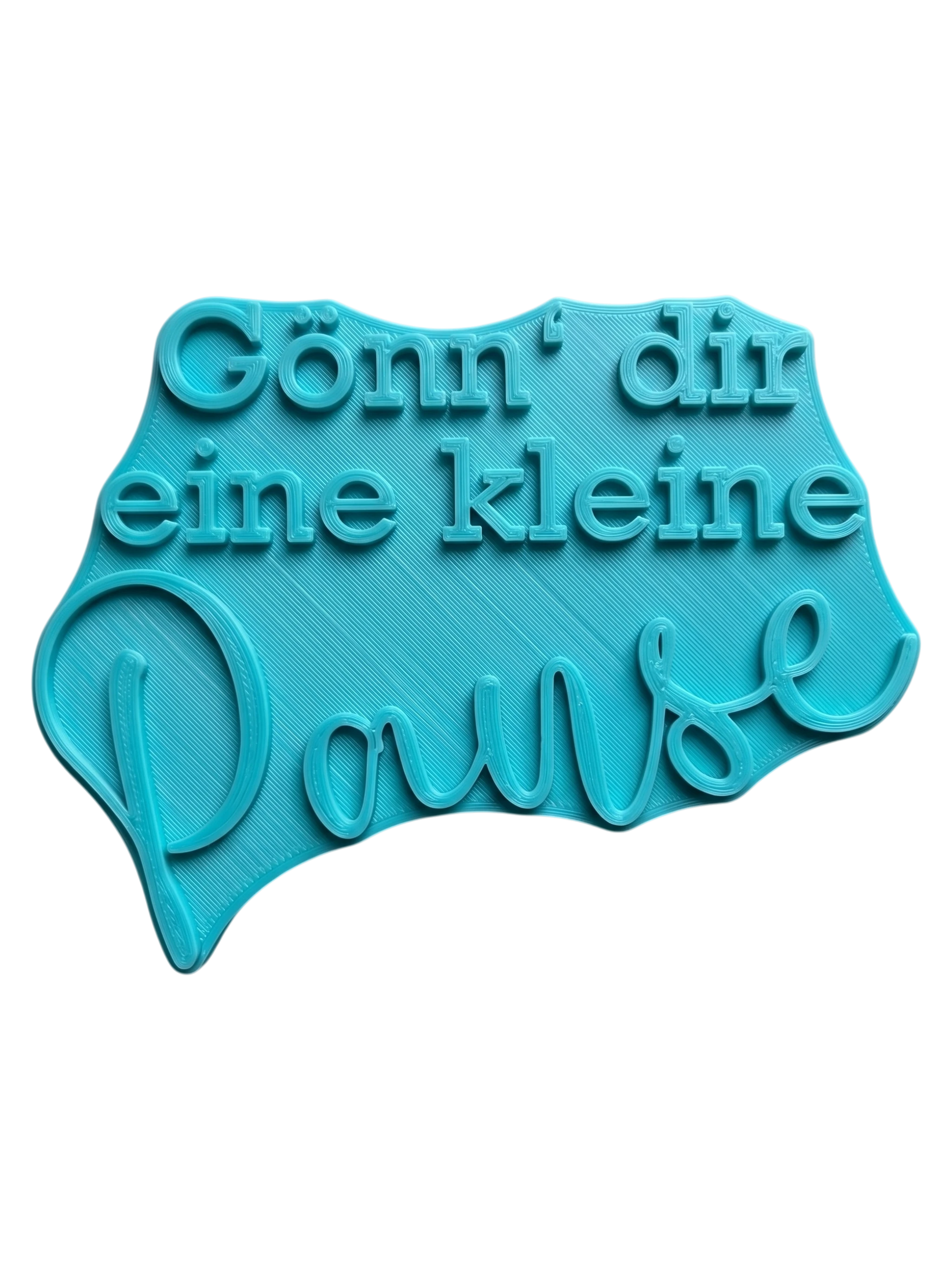 Türkisfarbener Textstempel für Ton mit dem Schriftzug 'Gönn’ dir eine kleine Pause'. Hochwertiges Töpferzubehör für achtsame Keramikprojekte.