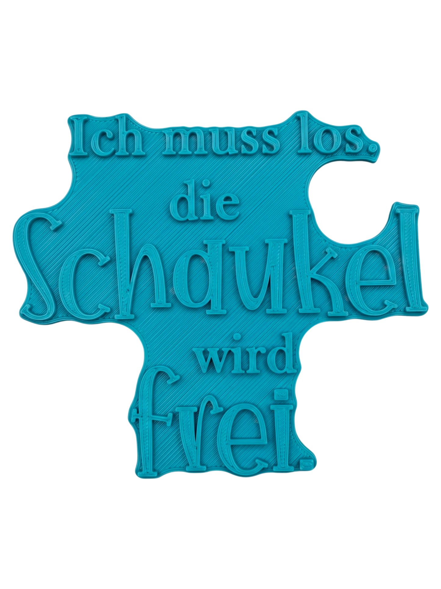 Türkisfarbener Keramikstempel für Ton mit dem witzigen Schriftzug 'Ich muss los. die Schaukel wird frei.'. Hochwertiges Töpferwerkzeug von MinseArt für individuelle Keramikprojekte.