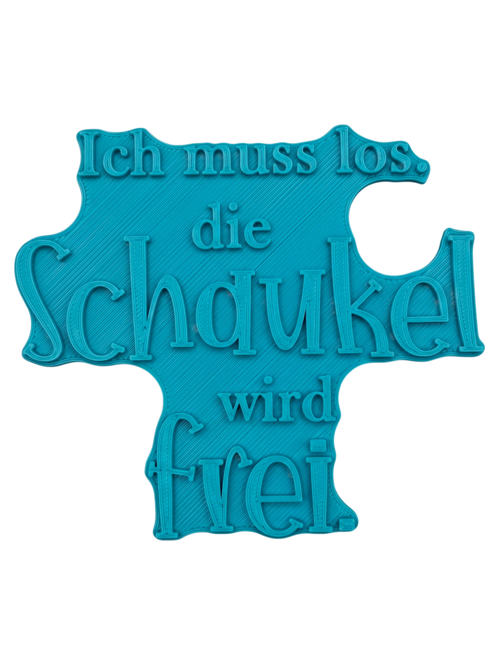 Türkisfarbener Keramikstempel für Ton mit dem witzigen Schriftzug 'Ich muss los. die Schaukel wird frei.'. Hochwertiges Töpferwerkzeug von MinseArt für individuelle Keramikprojekte.