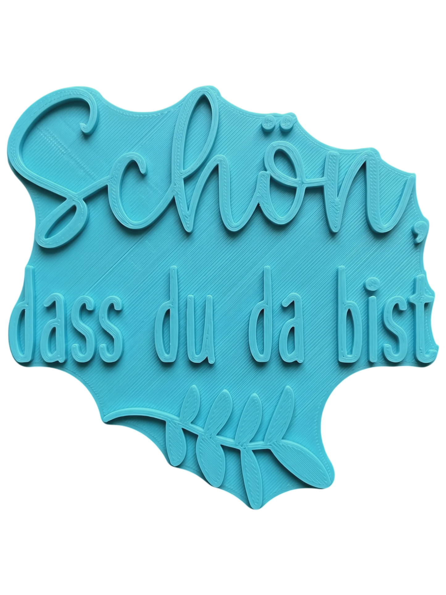 Türkisfarbener Prägestempel für Ton mit dem Schriftzug 'Schön, dass du da bist'. Hochwertiges Töpferwerkzeug für saubere Textprägungen in Keramik.