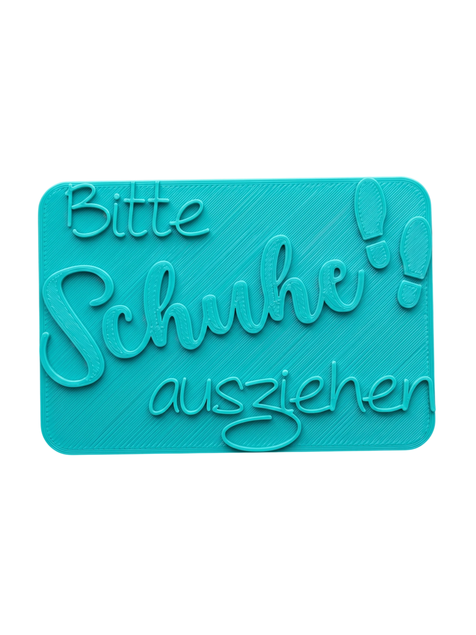 Türkisfarbener Keramikstempel für Ton mit dem Schriftzug 'Bitte Schuhe ausziehen' und Fußabdrücken. Hochwertiges Töpferwerkzeug für individuelle Hausschilder.