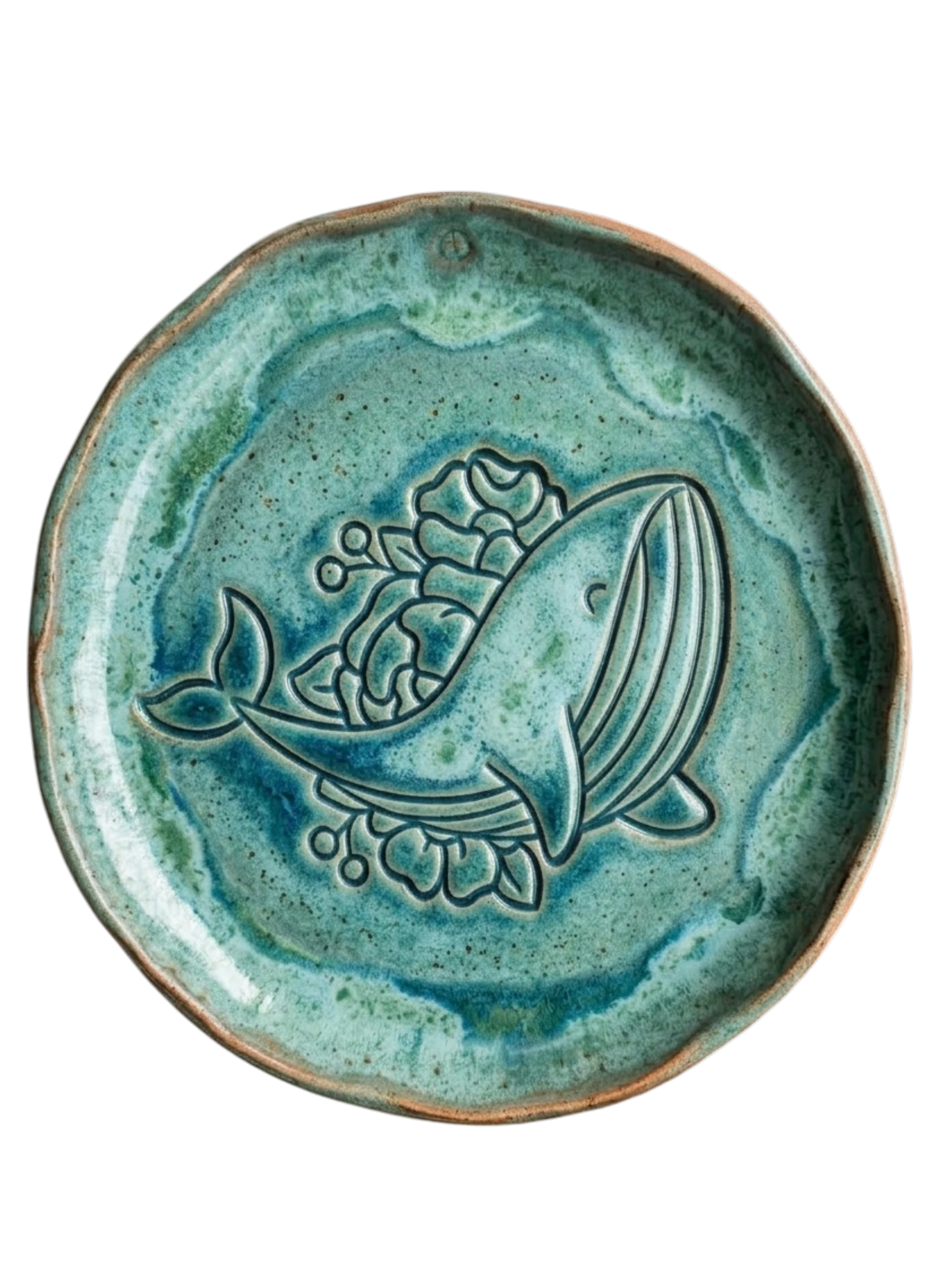 Türkisfarbener Keramikstempel für Ton im Wal-Design mit Blumen. Hochwertiges Töpferwerkzeug für individuelle und kreative Projekte in der Töpferwerkstatt.