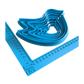 Alle 8 Größen der blauen MinseArt Vogel-Ausstechform für Ton, ineinandergestapelt neben einem Messwinkel. 3D-gedrucktes Töpferwerkzeug für präzise Konturen.