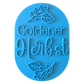 Direkte Draufsicht auf den freigestellten blauen Tonstempel Goldener Herbst mit Herbstblättern.
