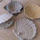 Detailaufnahme handgemachter Muschelschalen aus Ton in verschiedenen Farben mit feiner Reliefstruktur und eingearbeiteter Perle.