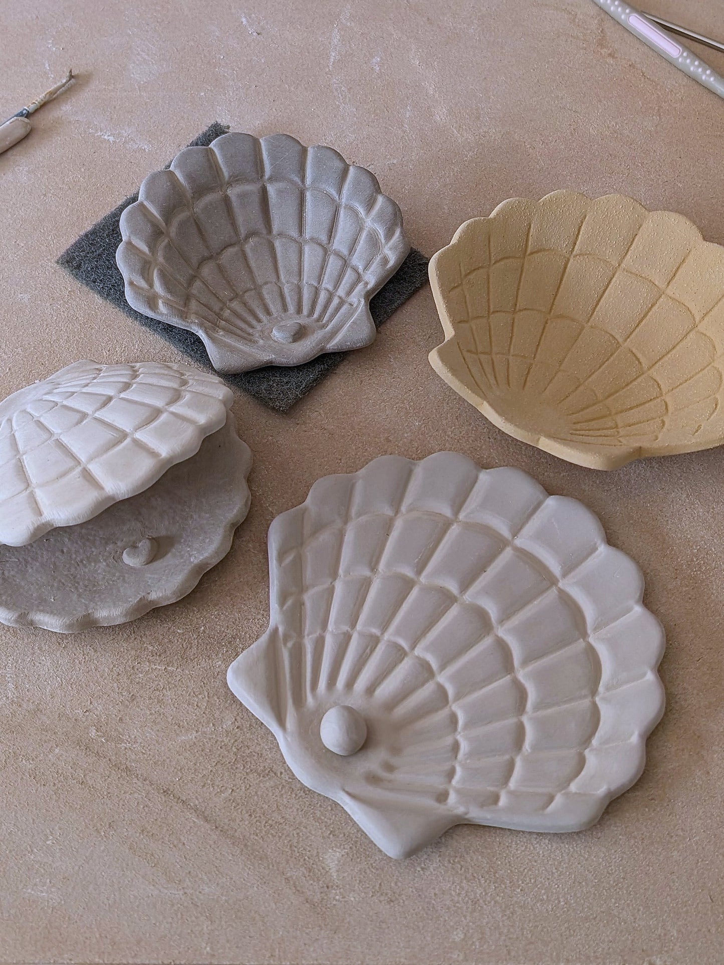 Detailaufnahme handgemachter Muschelschalen aus Ton in verschiedenen Farben mit feiner Reliefstruktur und eingearbeiteter Perle.