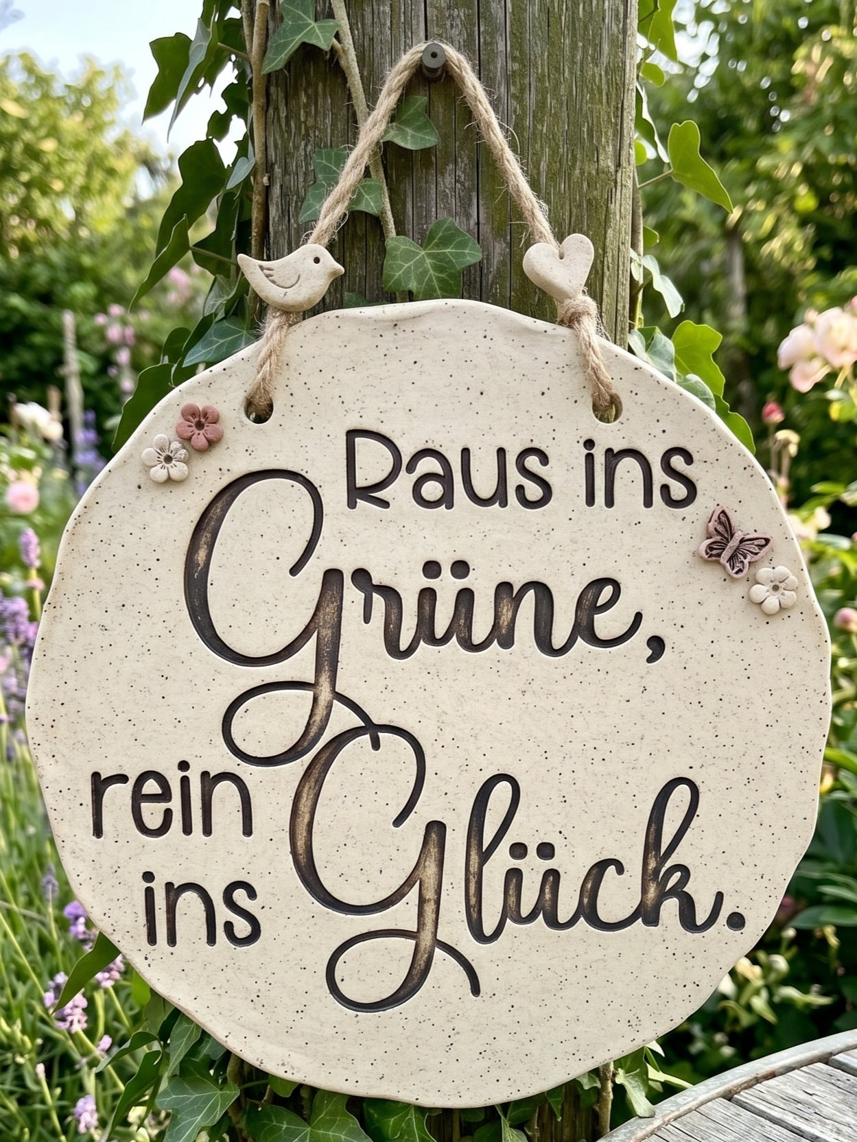 Keramikstempel „Raus ins Grüne, rein ins Glück.“ Prägestempel