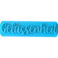 Direkte Draufsicht auf den blauen Tonstempel mit dem Schriftzug Gelassenheit und feinen Konturen.