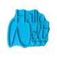 Draufsicht auf den Prägestempel für Ton mit dem Schriftzug 'Hallo Welt!'. Ein detailreicher Textstempel mit drei kleinen Herzen für handgemachte Baby-Keramik zur Geburt.