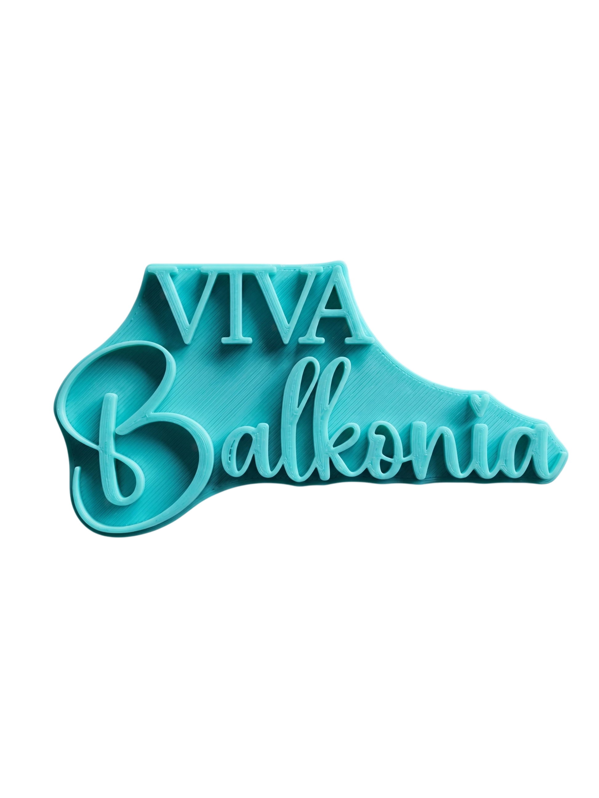 Detailreicher Schriftzug Viva Balkonia als türkisfarbener Textstempel. Hochwertiges Töpferwerkzeug für saubere und tiefe Abdrücke.