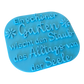 Schrägansicht des türkisfarbenen Tonstempels mit Garten-Spruch. Das großformatige Töpferwerkzeug besticht durch ein tiefes, exaktes Relief für perfekte Abdrücke beim Töpfern.