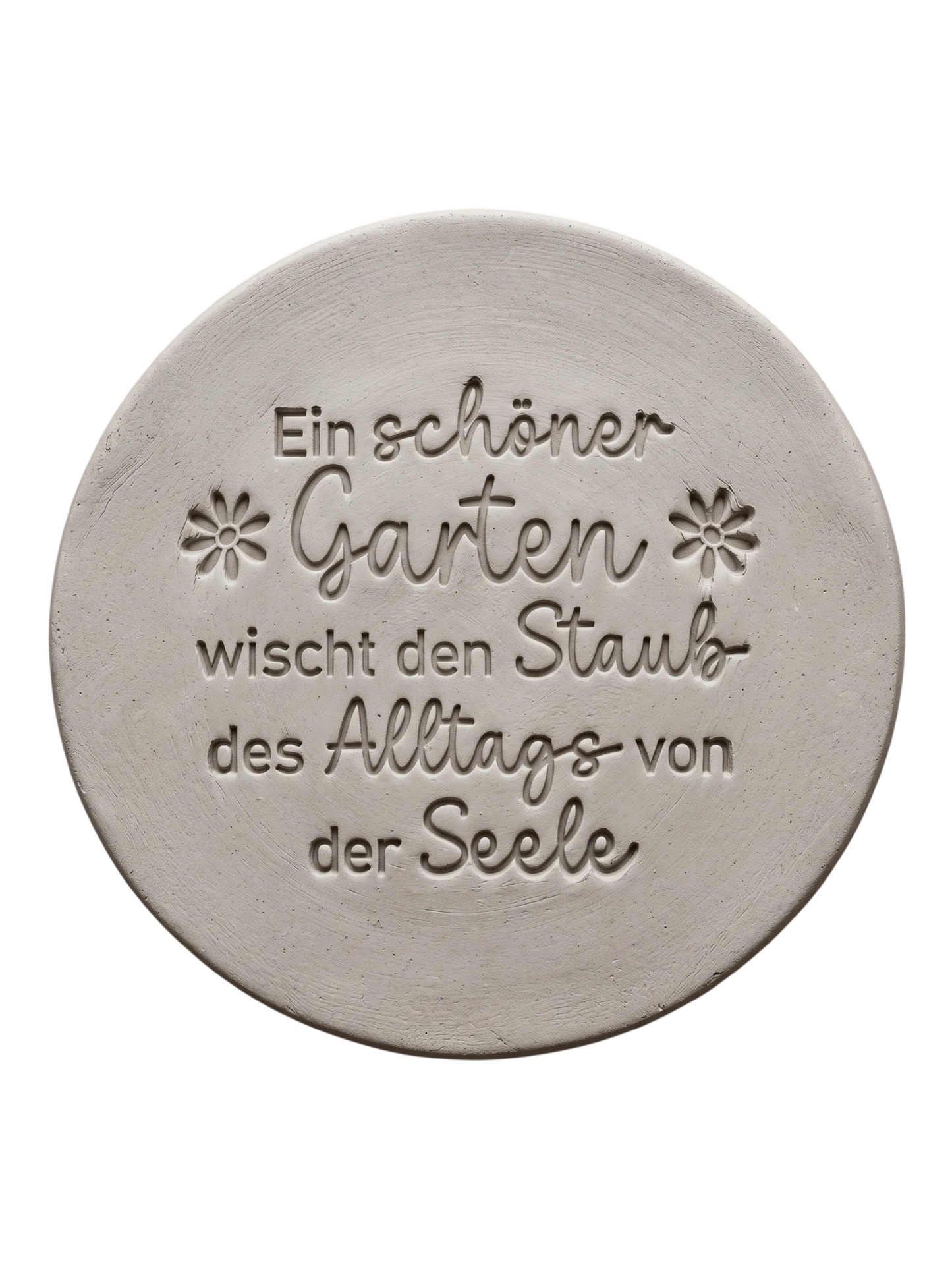 Sauberer Stempelabdruck des Textstempels 'Ein schöner Garten wischt den Staub des Alltags von der Seele' in hellem, unglasiertem Ton. Die Kombination aus Schrift und Blumen kommt wunderschön zur Geltung.