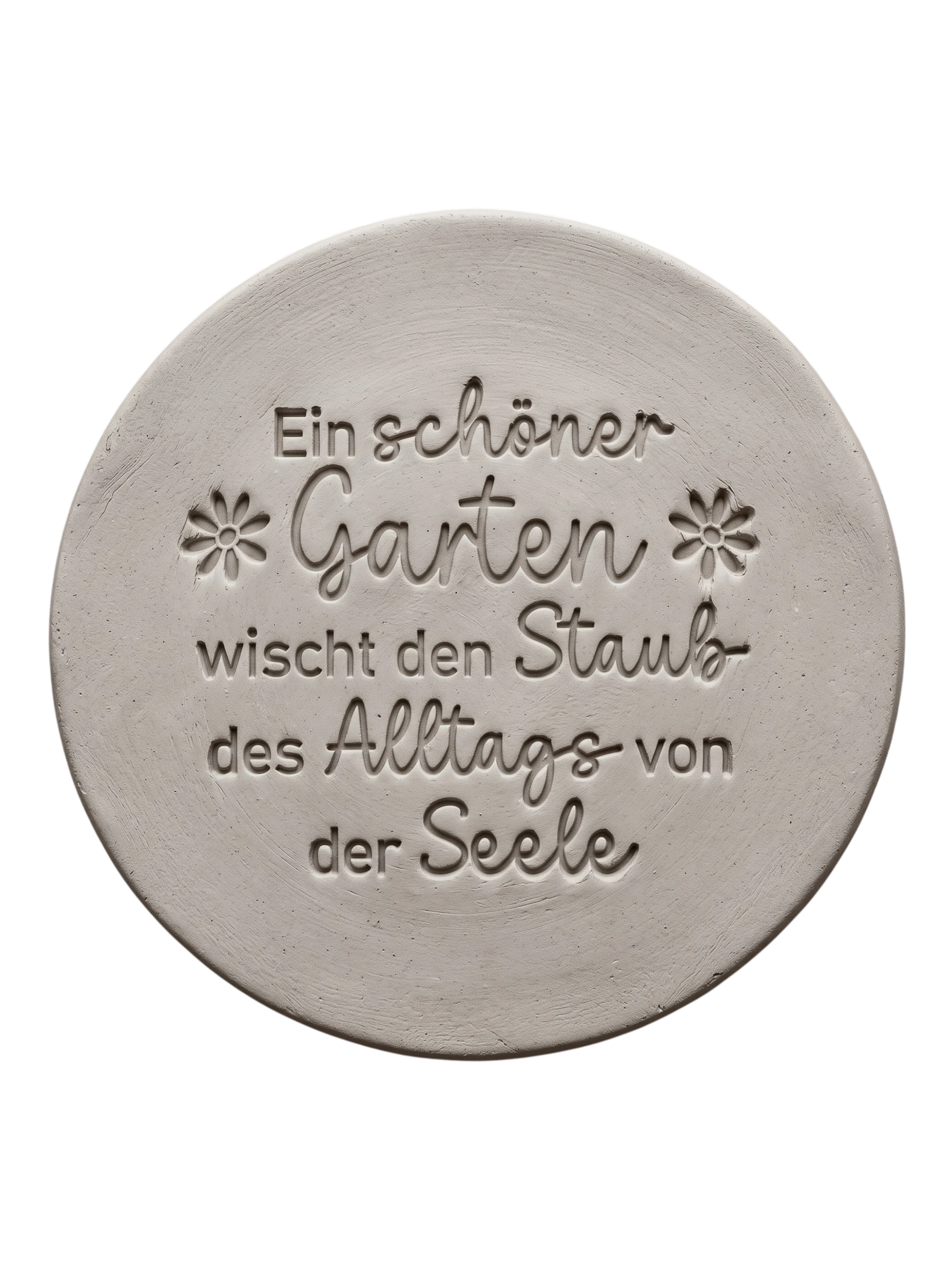 Sauberer Stempelabdruck des Textstempels 'Ein schöner Garten wischt den Staub des Alltags von der Seele' in hellem, unglasiertem Ton. Die Kombination aus Schrift und Blumen kommt wunderschön zur Geltung.