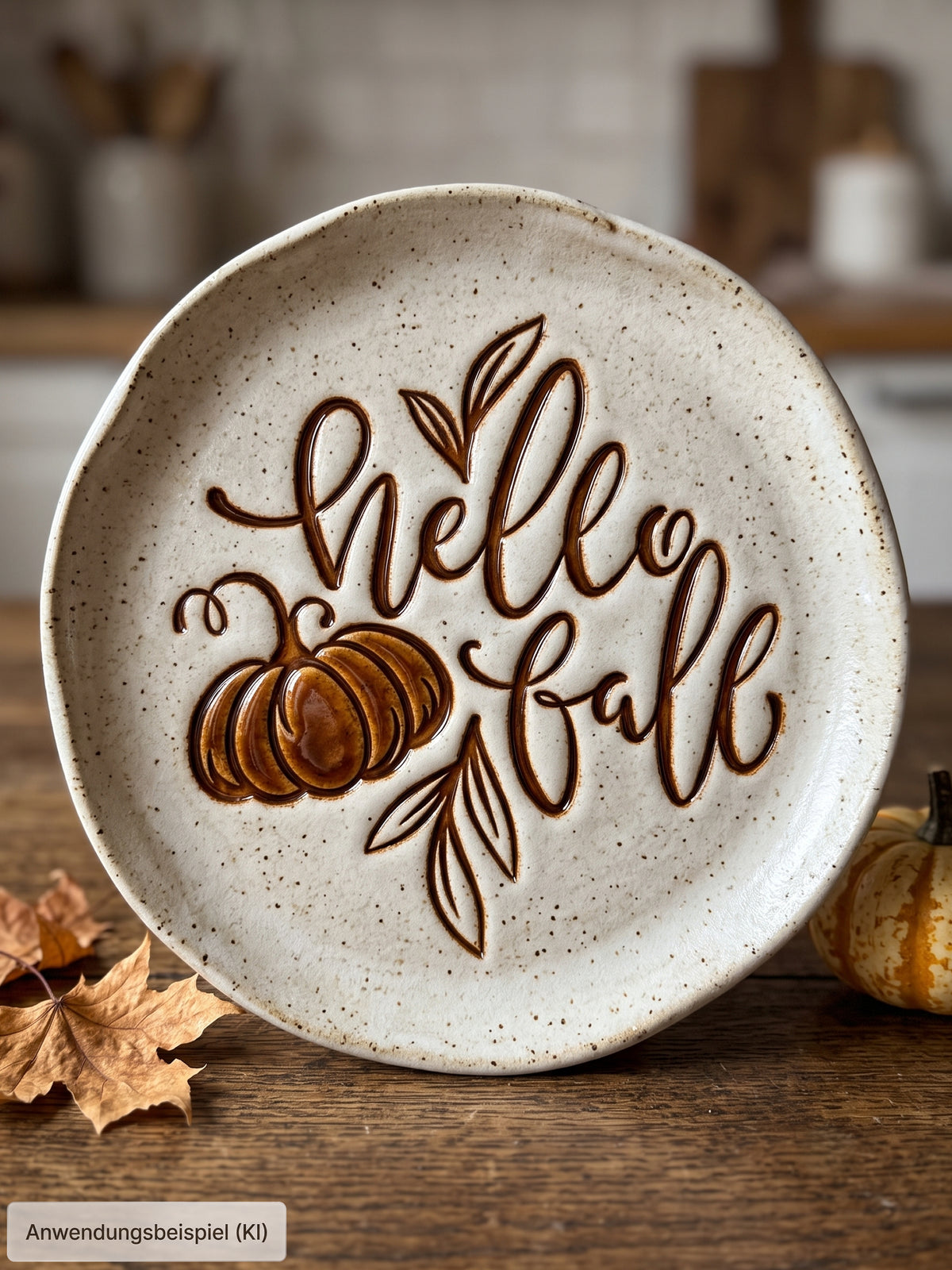 sauberer Stempelabdruck des Textstempels 'Hello Fall' mit einem Kürbis und zarten Blättern in hellem, glasiertem Ton. Das herbstliche Motiv kommt als tiefes Relief perfekt zur Geltung.