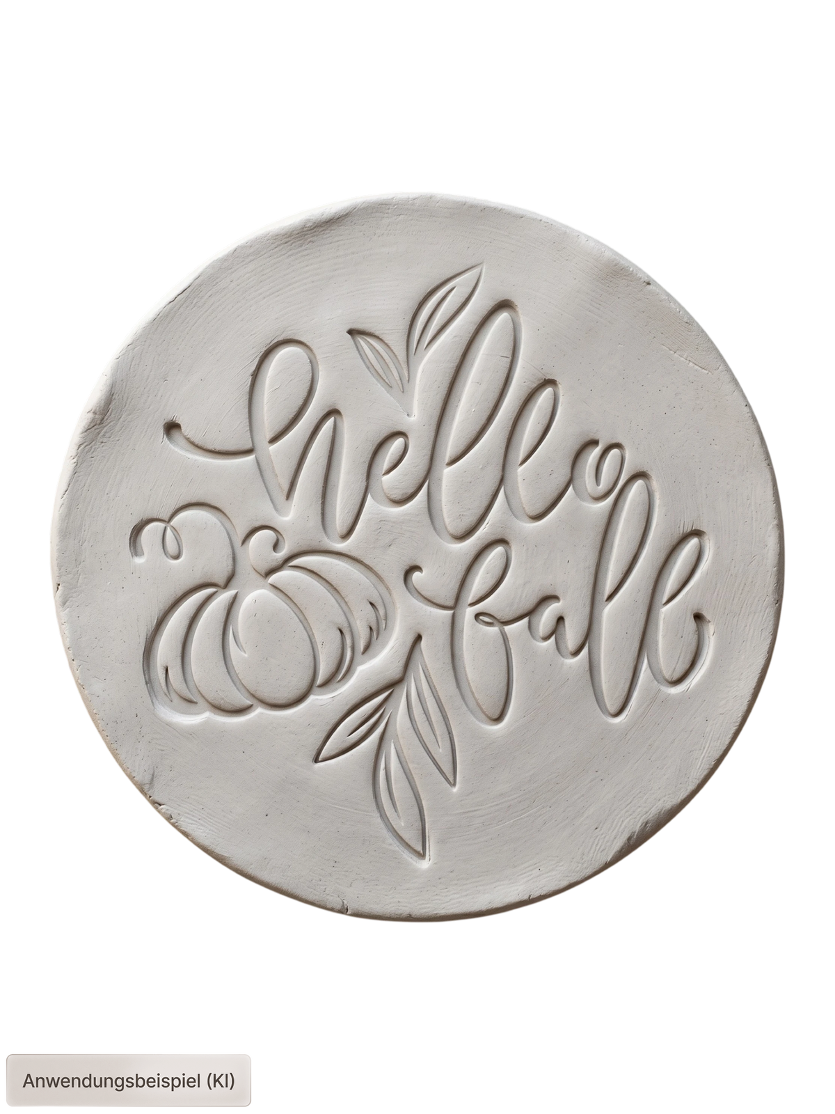 sauberer Stempelabdruck des Textstempels 'Hello Fall' mit einem Kürbis und zarten Blättern in hellem, unglasiertem Ton. Das herbstliche Motiv kommt als tiefes Relief perfekt zur Geltung.