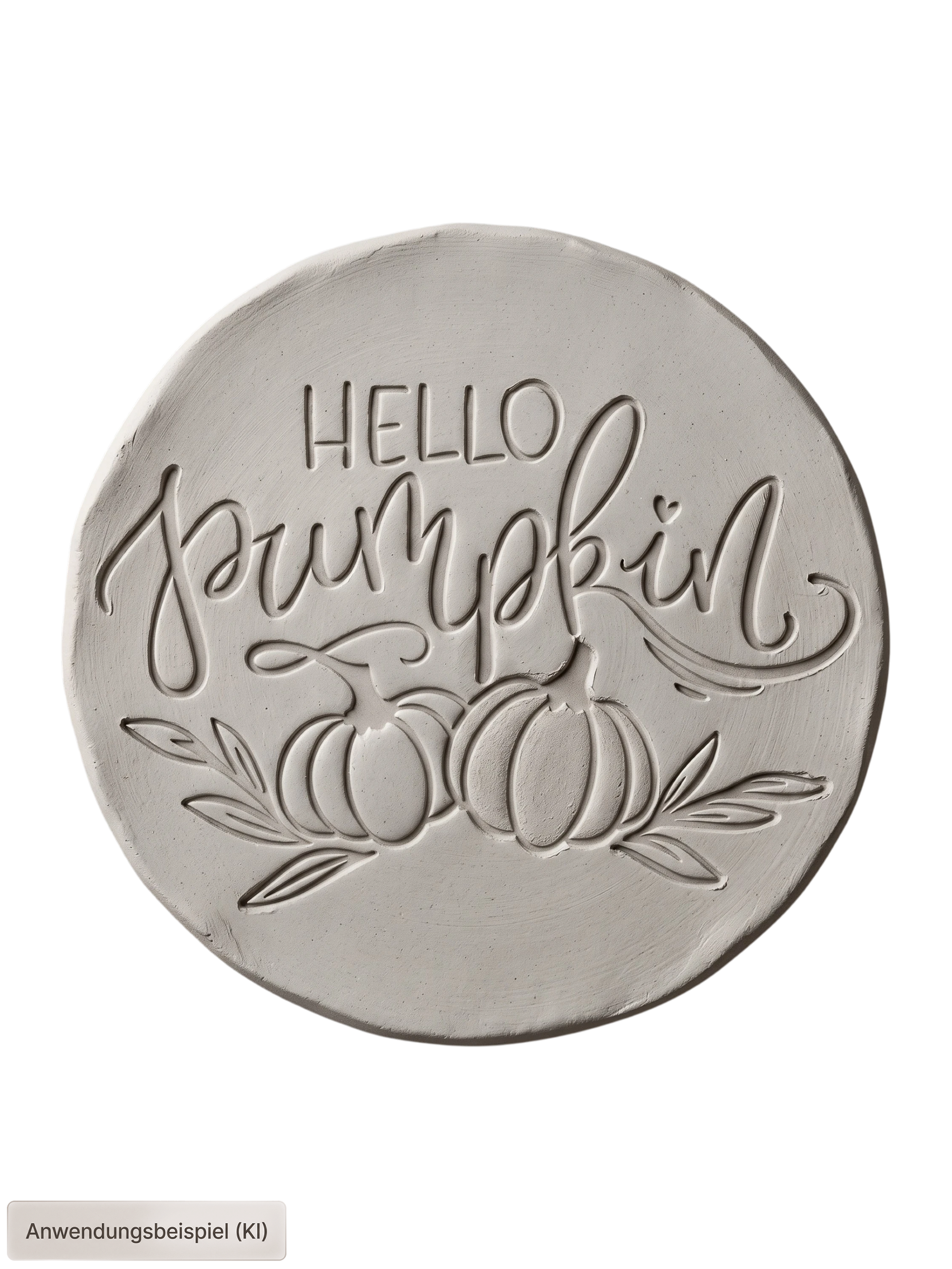 Sauberer Stempelabdruck des Textstempels 'Hello pumpkin' mit zwei Kürbissen und zarten Blättern in hellem, unglasiertem Ton. Das herbstliche Motiv kommt als tiefes Relief perfekt zur Geltung.