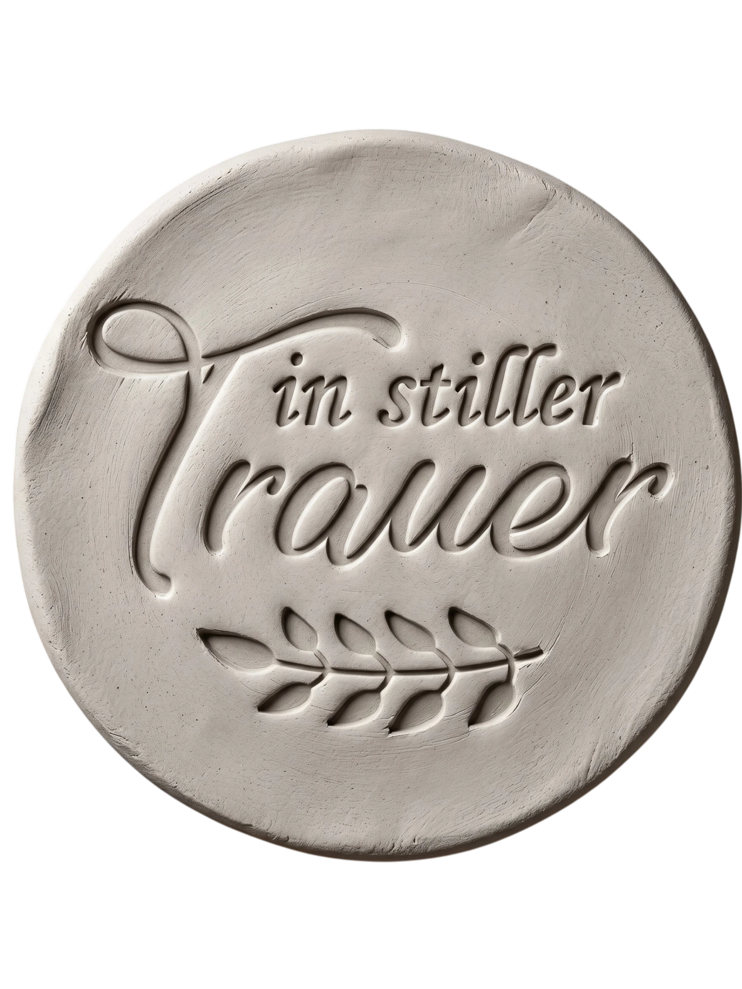 Sauberer Stempelabdruck des Textstempels 'in stiller Trauer' in hellem Ton. Das tiefe Relief zeigt die klare Schrift und die floralen Details perfekt auf einer unglasierten, runden Tonplatte.