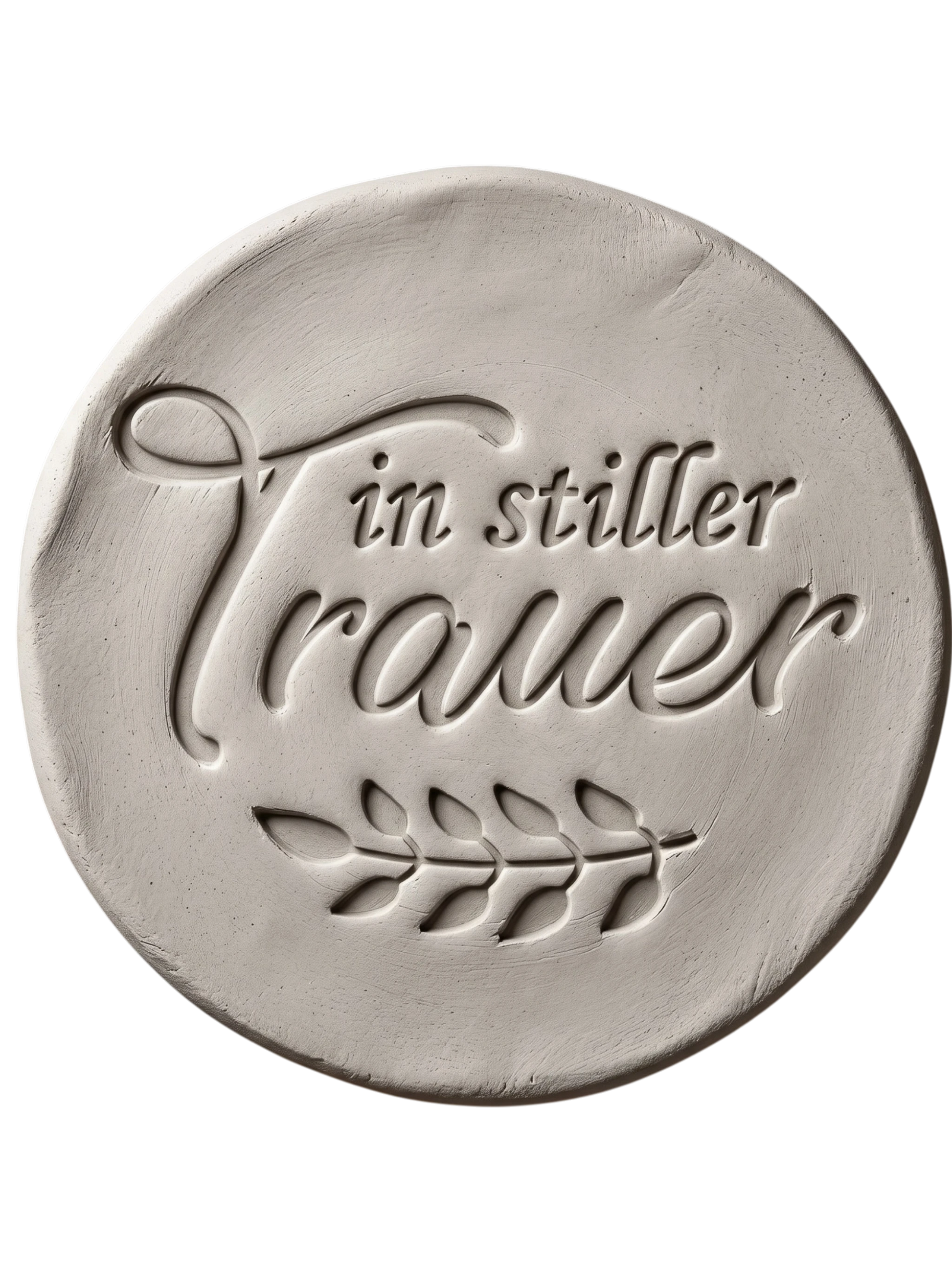 Sauberer Stempelabdruck des Textstempels 'in stiller Trauer' in hellem Ton. Das tiefe Relief zeigt die klare Schrift und die floralen Details perfekt auf einer unglasierten, runden Tonplatte.