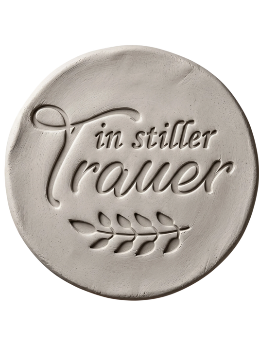 Sauberer Stempelabdruck des Textstempels 'in stiller Trauer' in hellem Ton. Das tiefe Relief zeigt die klare Schrift und die floralen Details perfekt auf einer unglasierten, runden Tonplatte.
