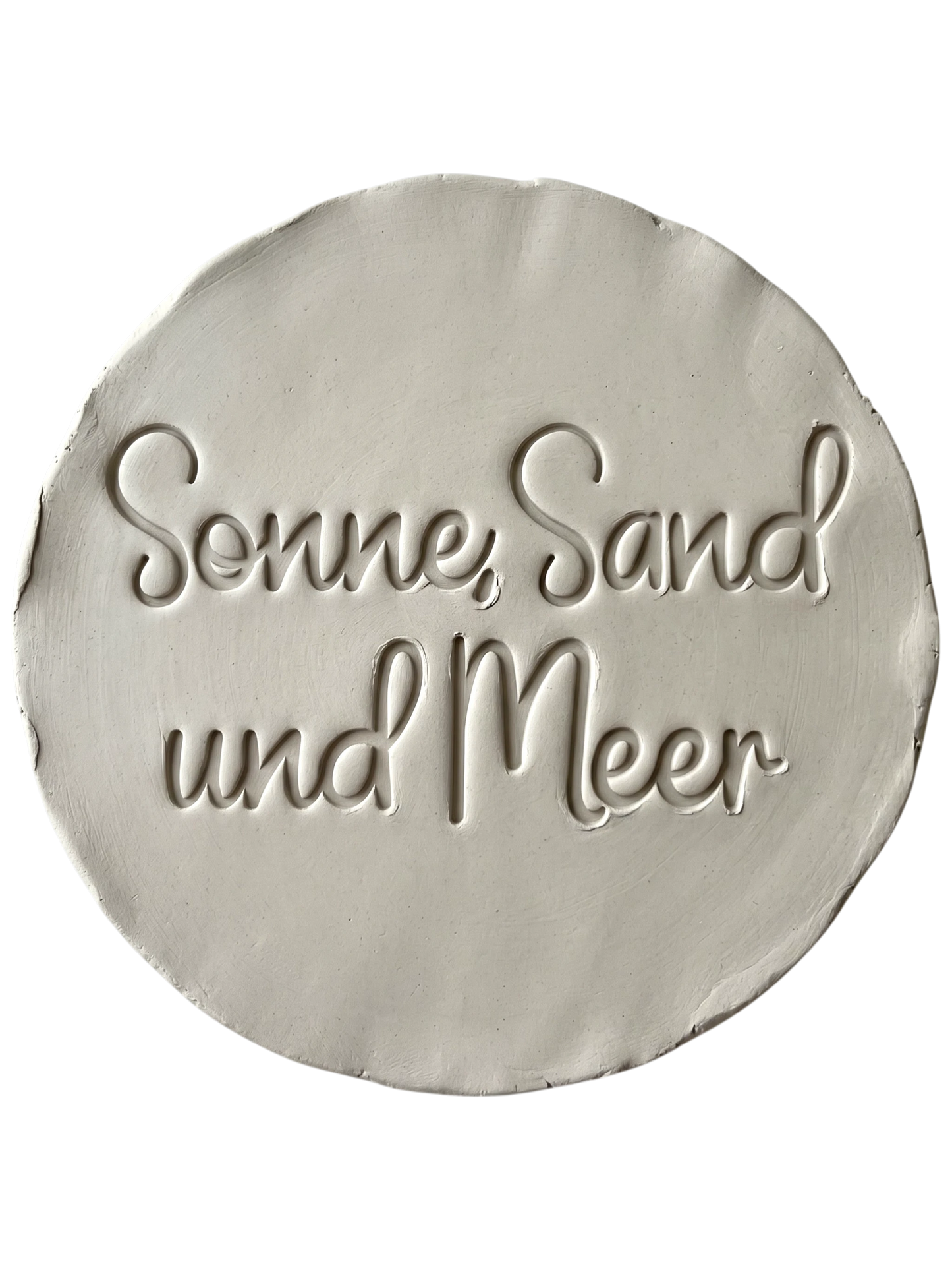 Präziser Stempelabdruck in hellem Ton mit dem maritimen Tonstempel 'Sonne, Sand und Meer'. Ein sauberer Keramikstempel für detailreiche und hochwertige Töpfer-Ideen.