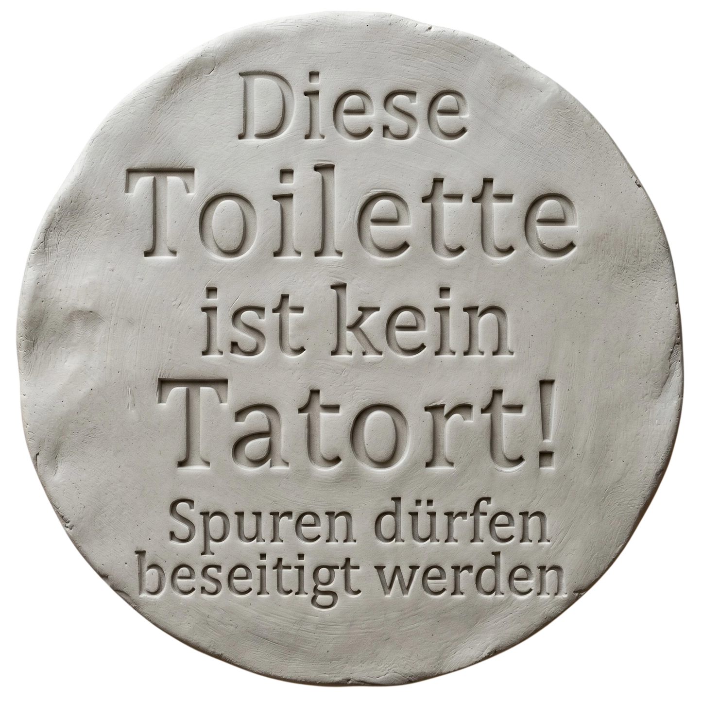 Sauberer und tiefer Stempelabdruck des Textstempels in hellem, unglasiertem Ton. Das detailreiche Relief zeigt klare Druckbuchstaben für perfekte, witzige Keramikschilder.