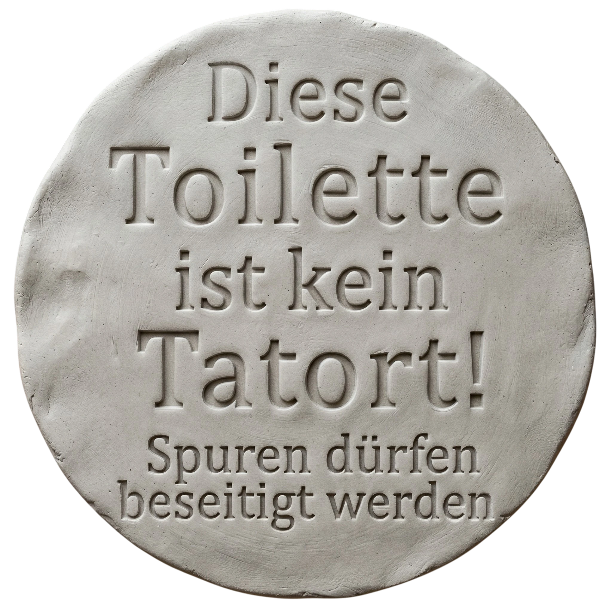 Sauberer und tiefer Stempelabdruck des Textstempels in hellem, unglasiertem Ton. Das detailreiche Relief zeigt klare Druckbuchstaben für perfekte, witzige Keramikschilder.